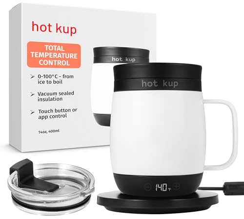 Hot Kup - Selbstheizende Smart Tasse mit optionaler Power Base, Thermotasse zum Erhitzen und Brühen von Heißgetränken, Volle Temperaturkontrolle für Kaffee, Milch und dem Abkochen von Wasser
