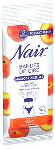 NAIR - Kaltwachsstreifen für Bikinizone & Achseln, empfindliche Haut, mit Pfirsichextrakt, 97% natürlicher Herkunft, intelligentes Format, 12 Streifen