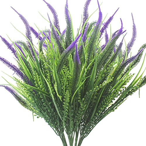 Grunyia 10 Bündel künstliche Blumen Outdoor Pflanzen Faux UV beständig Lavendel (lila)