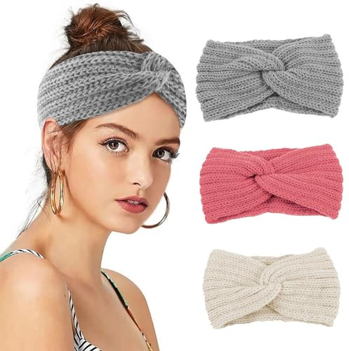 Nayyana® 3 Stück Stirnband für Kinder Mädchen, Damen Winter Strick, Stirnbänder, Gestricktes Haarband, Ohrenwärmer, Elastisch, Vielseitiges Stirnband im Herbst und Winter