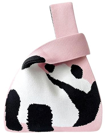 ANIMQUE Sacs Portés Main pour Femme Sacs Cadeaux Sac de Poignet Sacs portés Épaule Petite Tricotée Noeuds de Manche Sacs Portatif Sacs Bandoulière Cabas Mignon avec Motif Panda, Rose