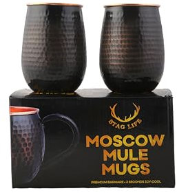 STAGLIFE 16 Oz Pure Copper Tumblers for Drinking Water Cups Mugs Glasses Set of 2, Solid Moscow Mule Hammered Tall Black Tumbler Cup Mug Glass with No Handle, Brushed/Large