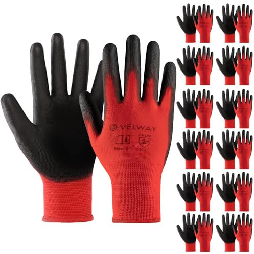 Velway Guanti da Lavoro Protettivi 12 Paia - Resistenti all'Abrasione - Fibra Poliestere con Rivestimento in PU - Versatile Protezione Meccanica Industriale Giardinaggio Montaggio - Rosso Taglia 7/S