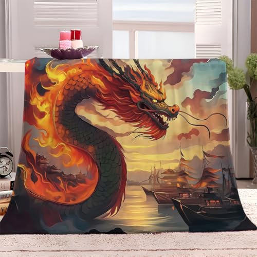 Kuscheldecke Decke 180x200 cm Fantasie Chinesischer Drache Anime-Stil Fleecedecke Flauschig Weich Warme Wohndecke Sofadecke für Teens Erwachsene, Schlafdecke Tagesdecke für Bett Couch