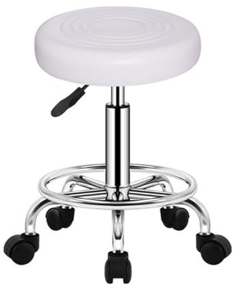 LANGSTON Schönheitshocker für den Salon, Höhenverstellbarer, rollender, drehbarer Salonhocker, Rollhocker mit runder Sitzfläche, Für Bars, Pubs, SPAs, Arztpraxen, Massagen,Weiß