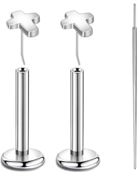 Lantine 2 Stück Labret Piercing 16g (1.2mm) – G23 Titan Pin Stecker mit Kreuz – 10mm Stablänge für Helix, Tragus, Cartilage, Monroe, Lippenpiercing – Push-In Ohne Gewinde, Inklusive Einführhilfe