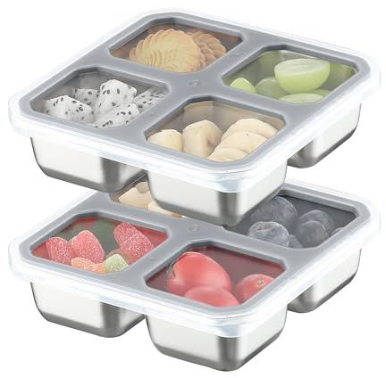 Misichao Stainless Steel Snack Boxes with 4 Compartments | Reusable Snack Containers Small Bento Lunch Box for Kids Adults Divided Meal Prep Containers for School Work and Travel 2 Pack