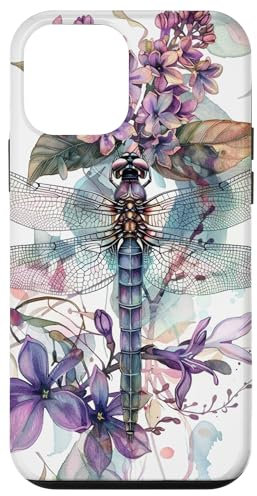 Custodia per iPhone 12 mini libellula floreale con fiori lilla e foglie