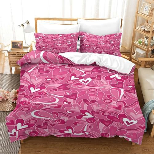 Set di biancheria da letto con stampa 3D, motivo cuori rosa, 3 pezzi, resistente, per hotel, con chiusura a cerniera, bel regalo di laurea, per letto matrimoniale (200 x 200 cm)