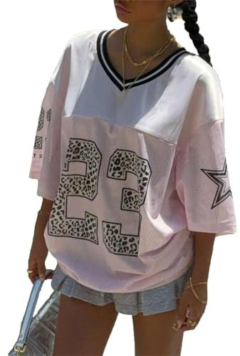 Women’s Y2k Oversized Number Graphic Shirts V Neck Short Sleeve Jersey Top Summer Going Out Tees Aesthetic Clothes (B-Pink, XL)