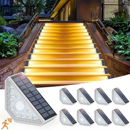 MEDOYOH 8PCS Solar Treppenbeleuchtung Aussen mit Bewegungsmelder, Warmweiß Licht Solartreppenleuchten IP44 Wasserdicht 800mAh für Gartenstufen Deck Terrasse Haustür Zaun