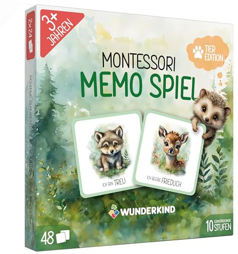 Wunderkind Montessori Memory ab 2 Jahre - Tierbaby Memorie mit 48 Karten - Fördert Konzentration, Gedächtnis & Sprache - Montessori Spielzeug mit Affirmationen (Tiere)