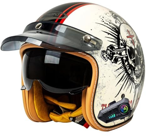 Bluetooth Jethelm Vintage Motorradhelm ECEDOT Zulassungiber Winddichter Motorrad Halbhelm Für Herren Damen Mit Sonnenblende Retro Halbschalenhelm Roller-Helm Scooter-Helm 5,L:59-60CM