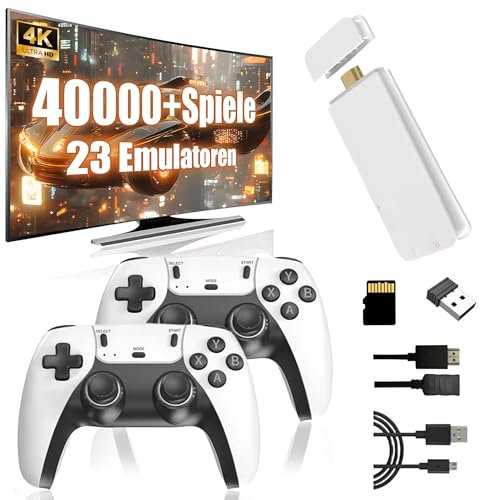 KINMRIS M15 Retro Konsole 4k, Tragbare Video Emulator Spielekonsole mit eingebauten 50000+ Klassische Spiele 28 Emulatoren, Plug and Play Spiel Stick für TV mit 2 x 2.4G Spiel Kontrolleure(128G)