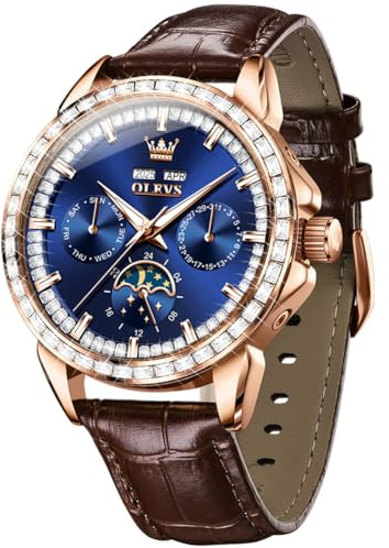 OLEVS Montre pour Homme en Cuir Squelette Automatique mécanique Tourbillon Calendrier Phase de Lune Lumineuse étanche Luxe Business Montre-Bracelet, 6695 : Cadran Bleu et Cuir Marron