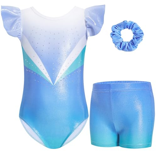 Gogokids Ensemble de Gymnastique à 3 Pièces à Manches Papillon pour Filles - Ensemble de Justaucorps de Gymnastique pour Enfants avec Design de Paillettes et Sequins Dégradés, Ensemble de Costumes de