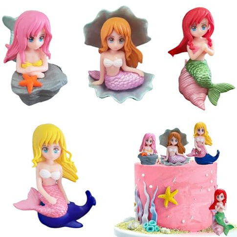 Tashce 4 Stück Mini Meerjungfrau Figuren für Kuchen, Aquarium & Feengarten | Miniatur Deko Figuren, Wasserdicht, Passend für Mottopartys, Wohnkultur und als Party Mitgebsel