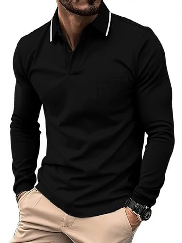 JACKETOWN Mens Polo Shirts Long Sleeve Breathable Work Polo Shirts Adult Casual Button Down Golf Tennis T Shirt