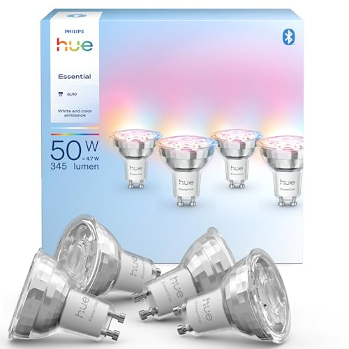 Philips Hue Essential Smart LED GU10 Spotlight Bulb, White and Color Ambiance, 4.7W, 2200K-6500K, 345 Lumens, Dimmable, Works with Alexa, Google Assistant, and Apple Home, 4 Pack