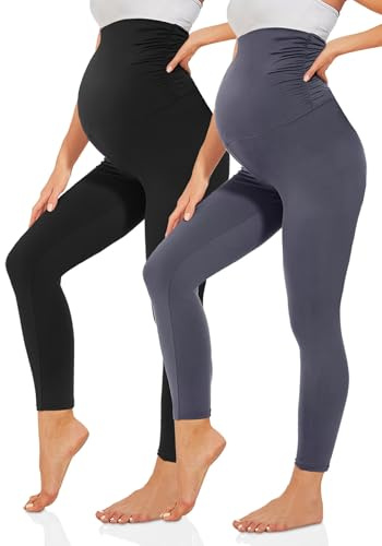 TNNZEET mammaleggings dam, mammamode, ogenomskinliga, graviditetsleggings, mammabyxor, långa med fickor för yoga, A-svart/mörkgrå, XL