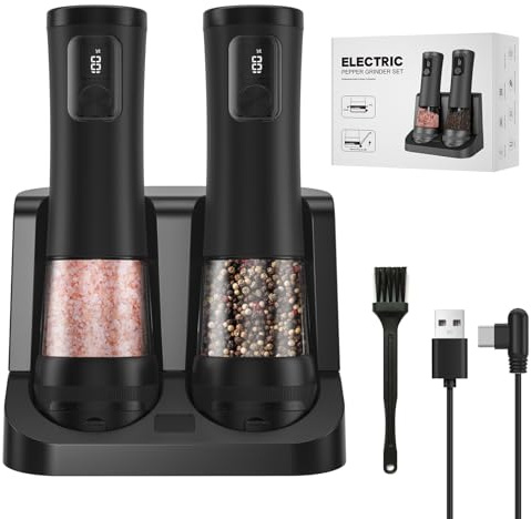 Electric Salt and Pepper Grinder Set, 2 Pack Rechargeable Automatic Pepper Mill, with Charging Base,5-Level, Display, LED Lighting,Large Capacity (2, Black, USB Charging Base)