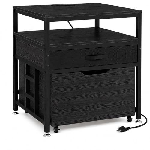 MILEFA Mini Fridge Stand with Power Outlet and Drawers，Mini Fridge table with Storage，Mini Fridge Shelf with Removable Pull-Out Basket，for Dorm, Ａpartments，Kitchen Area, Black