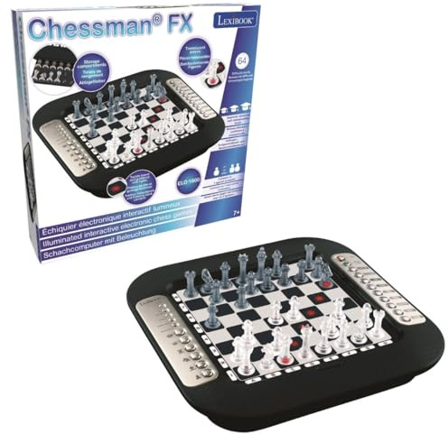 Lexibook Chessman FX, elektroniskt schackspel med känsliga knappar och ljus och ljudeffekter, 32 stycken, 64 svårighetsgrader, brädspel för familjer, svart/silver, CG1335LXB