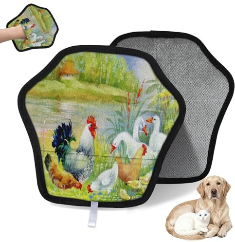 WowPrint Wasserfarben-Hof Henne und Küken, Tierhaarentfernungshandschuh für Katze, Hund, Küken, Huhn, wiederverwendbar, elektrostatische Tierhaar-Handschuhe, Bürstenwerkzeug für Couch, Kleidung