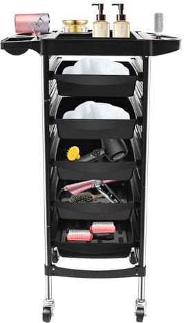 6 Tier Hairdresser Trolley, Beauty Salon Trolley, Hair Spa Rolling Hairdressing Storage Cart Drawers, Hairs Dryer Holder on Wheels, Compartment Trolleys, 52.5*37*90cm, Black, for Beauty Hair Salon Spa