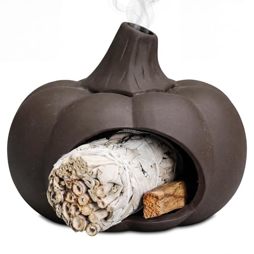 ZONSUSE Quemador Palo Santo Calabaza de Arcilla Púrpura, Porta Salvia Estilo Artesanal, Quemador de Incienso Creativo para Yoga, Zen, Meditación y Decoración Halloween (Calabaza)