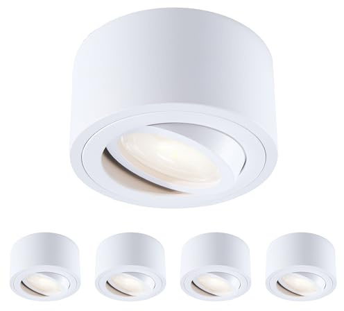 mega lumen 4er Set Aufbauspots Weiß Dimmbar, LED Deckenstrahler Aufbaustrahler flach, 5W 550lm Warmweiß 3000K /Neutralweiß 4000K /Kaltweiß 6500K, aus Aluminium, Ø80x50mm, LED Modul 230V, CRI90+