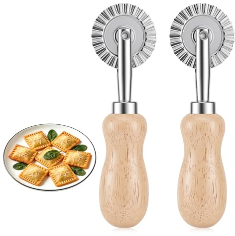 SULIKJHUI 2 Stück Teigrädchen, Teigrad Gewellt mit Gezähnter Klinge Ravioli | Edelstahl, Holzgriff Rollschneider, für Pasta und Nudeln, Teigschneider Roller