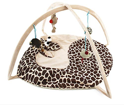 VERTAST Katzen Spielmatte Schlafmatte gepolstertem Zelt – Indoor Kuschelbett rutschfeste Unterlage mit hängenden Spielzeug & Bällen für Aktivität & Entspannung (Giraffe)