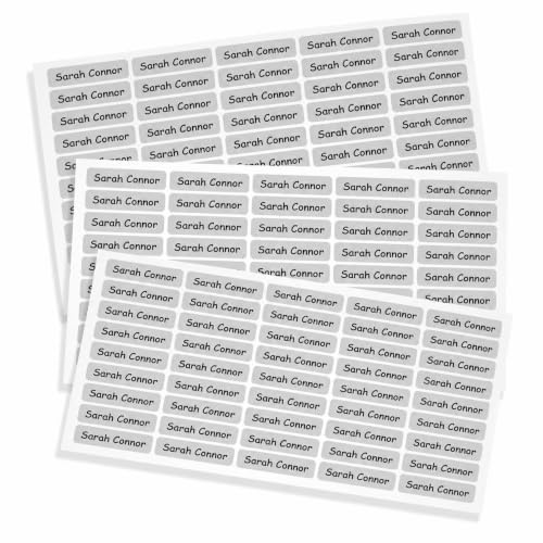 Indigos UG Namensaufkleber Kinder Schule - 150 Sticker - 36x7 mm - Aufkleber selbst gestalten - Namensschilder selbstklebend Kindergarten, Sticker KITA, Brotdose, Flasche, Federmappe, Stifte - grau