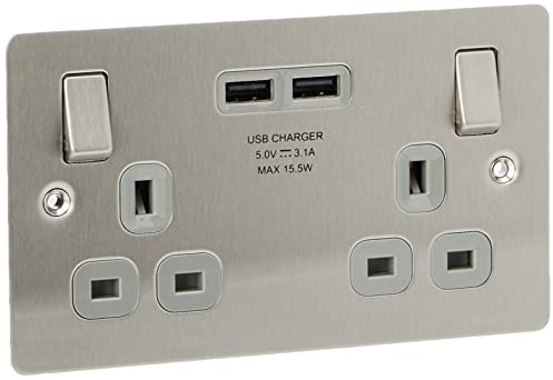 BG Electrical SBS22U3G Geschraubte Flachplatte aus gebürstetem Stahl, doppelt geschaltete 13-A-Steckdose mit USB-Aufladung - 2X USB-Buchsen (3.1A) Grauer Einsatz