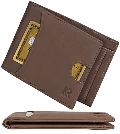 KRONIFY Leder Geldbörse Herren, Echtleder Geldbeutel, RFID Slim Wallet | Mit Münzfach, Portemonnaie für Karten & Münzen, 9 Kartenfächer für Männer, Brieftasche Wallet Portmonee, Kein Clip, Braun