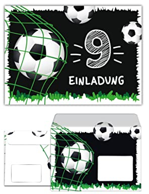 Junaversum 12 Einladungskarten incl. 12 Umschläge zum 9. Kindergeburtstag neunte Geburtstag Jungen Fussball Fußball