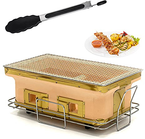 Japanisch Holzkohlegrill, Hibachi Keramischer Ton Grill Rechteckig Tischplatte BBQ Holzkohlegrill Herd Yakatori Kocher Mit Essenszangen Für Outdoor Indoor (Gelb)