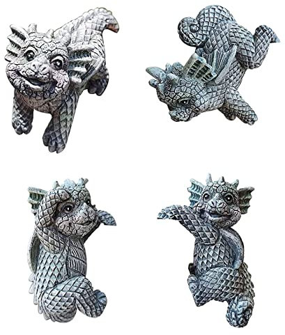 FONDUO Gartenfiguren Gartendrachen, 4Stück Blumentopf Drachen Figuren Blumentopfhänger, Drache Gartenfigur Aus Kunstharz Frostfest Wetterfest Fantasy Figur Deko Drache Garten Für Außen