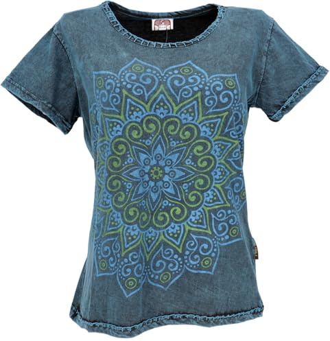 GURU SHOP Boho T-Shirt mit Mandaladruck, Stonewashed T-Shirt - Blau, Damen, Size:M