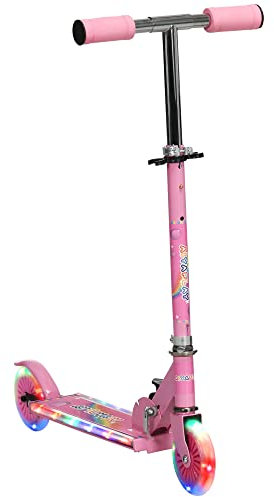 HOMCOM Monopattino per Bambini 3-7 Anni Pieghevole a 2 Ruote e Altezza Regolabile con Luci LED e Musica, 67x30x63/68/73/76 cm, Rosa