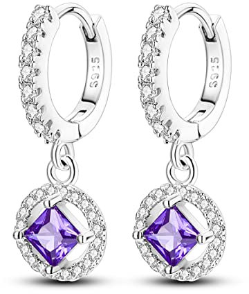 Hapour 925 Sterling Silber Tropfenohrringe für Damen silberne Ohrhänger mit lila Prinzessinnenquadrat-Edelstein für immer Liebe hypoallergener Ohrring für empfindliche Ohren Geburtstagsgeschenk
