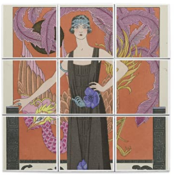 Lot x9 Carreaux Céramique Décoratif 20 x 20 cm - Art Deco Dame et Phoenix Mode Elegant Art Deco Fashion Sleek (Taille totale 60 x 60cm)