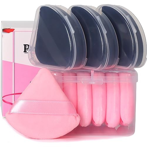 Ocim 10Pcs Powder Puffs for Face Powder,Soft Velour Triangle Beauty Puff,Makeup Pressed,Baking & Setting Powder Sponge Applicator Pads with Case,Black&Pink