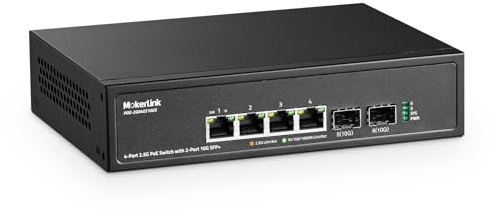 MokerLink Conmutador PoE 2.5G de 4 Puertos con Ranura 10G SFP+, 4 x Puertos 2.5G Base-T compatibles 100/1000Mbps, IEEE8023af/at PoE 78W, Conmutador de Red pequeño sin Ventilador de Metal no ingerido