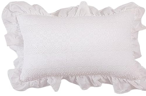 Pure Cotton White Ruffled Embroidered Pillowcase Elegant Rural Style Waterproof Pillowcases Shams Standard Lace Decorative Covers for Living Room Bed Sofa (12X20, Little White Flower)