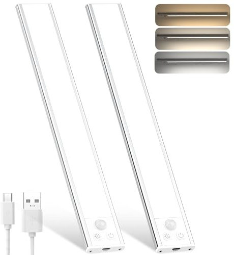 OUILA Under Cabinet Kitchen Lights, 108 LED [2 Pack] 3 Color Stepless Dimming Motion Sensor Lights Indoor, 1800mAh USB-C Rechargeable LED Lights for Cupboard, Kitchen