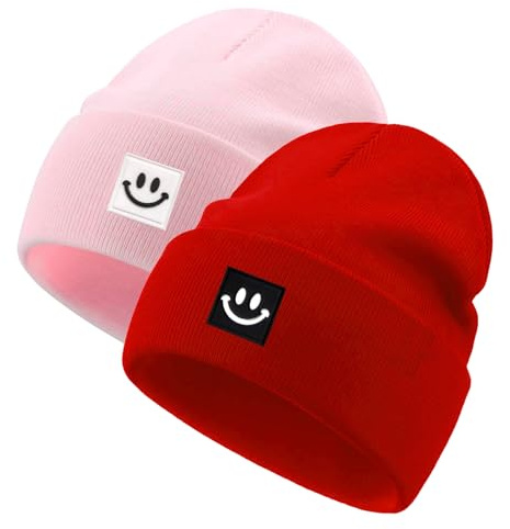 Jarseila Baby Beanie Strickmütze Mädchen Mütze Jungen Wintermütze Kinder Slouch-Beanie Leichte 0-5 Jahre Unisex Baby Zweiteilig Rosa & Rot S(0-2 Jahre)