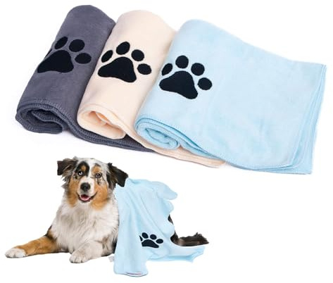 Warenhammer 3 Stück Hunde Handtuch Hunde Mikrofaser Handtücher Weich Saugfähig Haustier Badetuch Hunde Trocken Pflege Handtuch mit Pfoten (Braun,Beige,Dunkelgrau,Hellgrau) 35 x 75 cm (M)