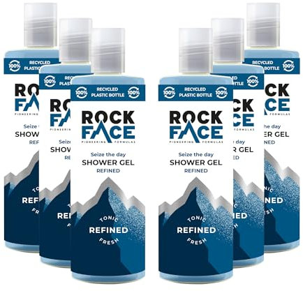 Rock Face Shower Gel - Refined All In One Body Wash for Men, 410ml, Sandalwood & Cedar Scent, Suitable for Hair and Body, Long Lasting Fragrance, Multipack of 6
